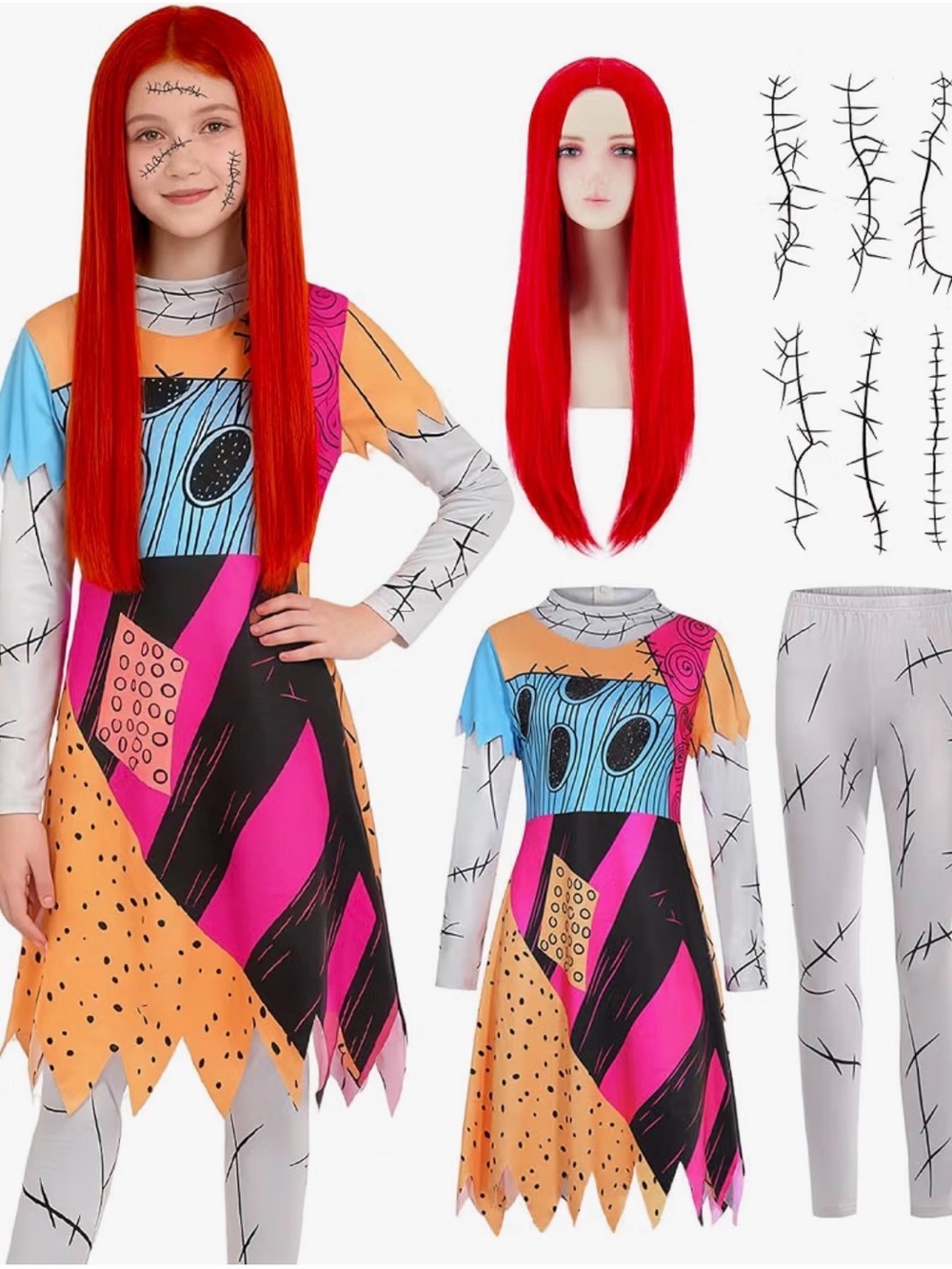 Red Patchwork Girl's Costume Dress and Leggings Set - Kids Costume